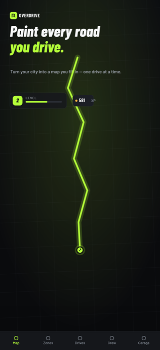 OVERDRIVE map screen with a painted route glowing lime on a dark city map
